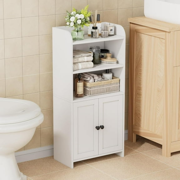Small Bathroom Storage Cabinet, Freestanding Toilet Paper Storage with 2 Doors and Shelves, Bathroom Organizers and Storage for Small Spaces, Laundry Room, 7.9" D x 14.6" W x 31" H, White