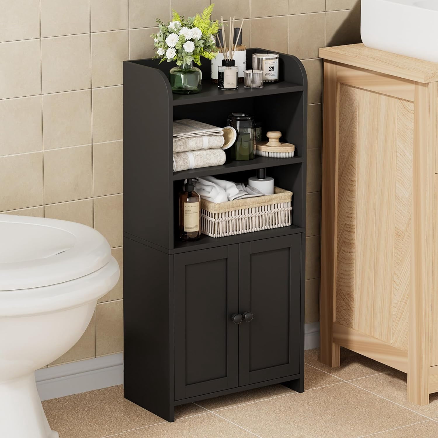 Small Bathroom Storage Cabinet, Freestanding Toilet Paper Storage with 2 Doors and Shelves, Bathroom Organizers and Storage for Small Spaces, Laundry Room, 7.9" D x 14.6" W x 31" H, Black