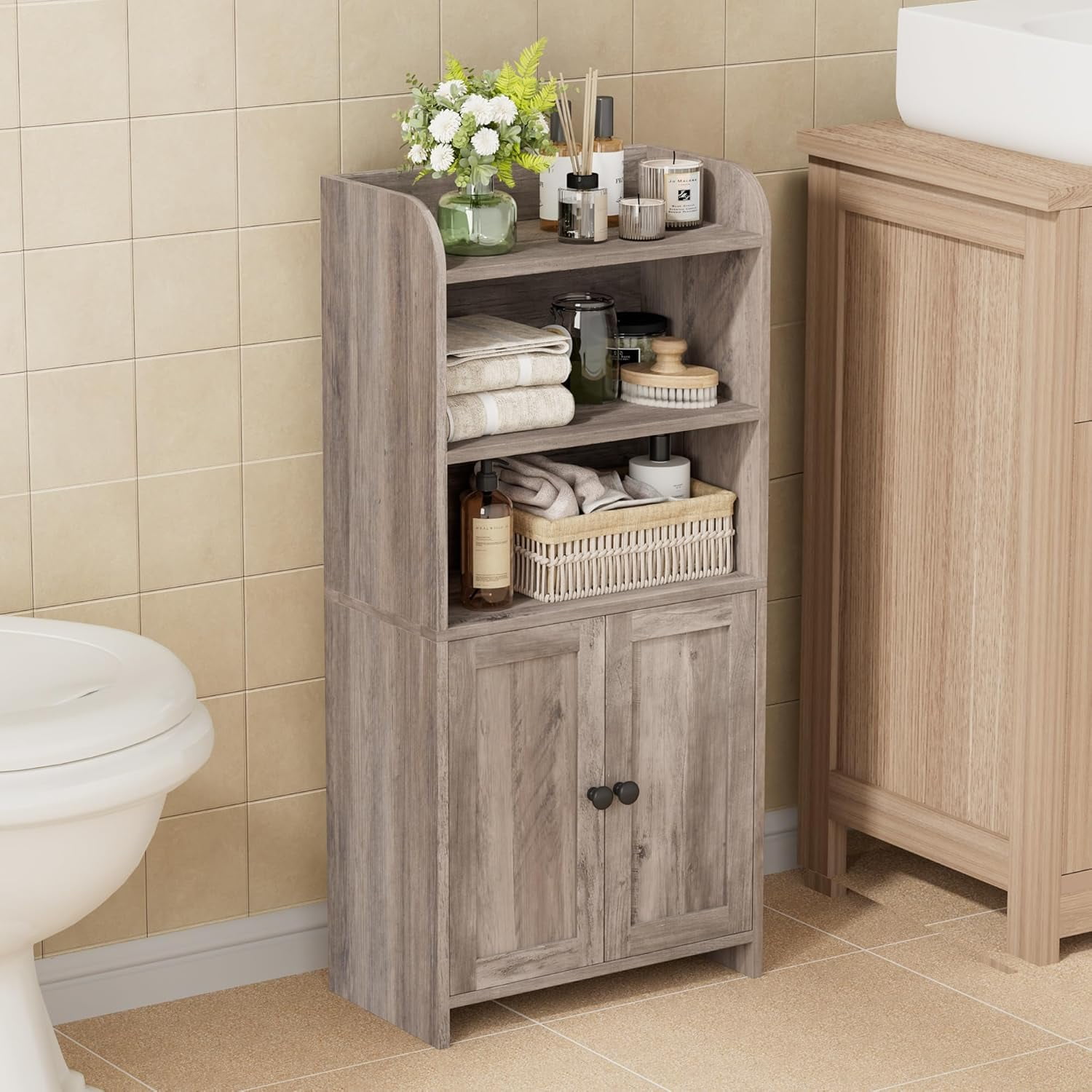 Small Bathroom Storage Cabinet, Freestanding Toilet Paper Storage with 2 Doors and Shelves, Bathroom Organizers and Storage for Small Spaces, Laundry Room, 7.9" D x 14.6" W x 31" H, Greige