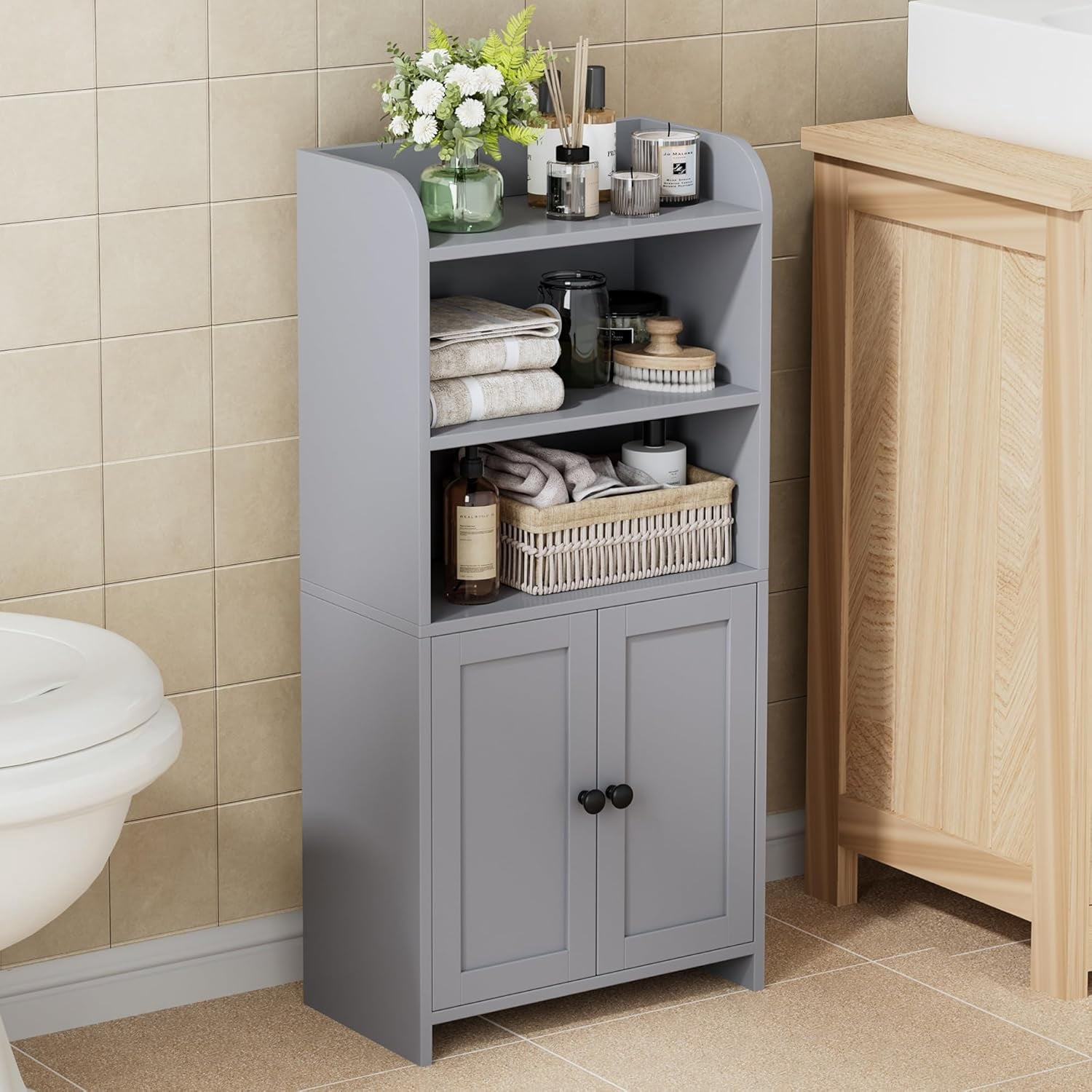 Small Bathroom Storage Cabinet, Freestanding Toilet Paper Storage with 2 Doors and Shelves, Bathroom Organizers and Storage for Small Spaces, laundry room, 7.9" D x 14.6" W x 31" H, Gray
