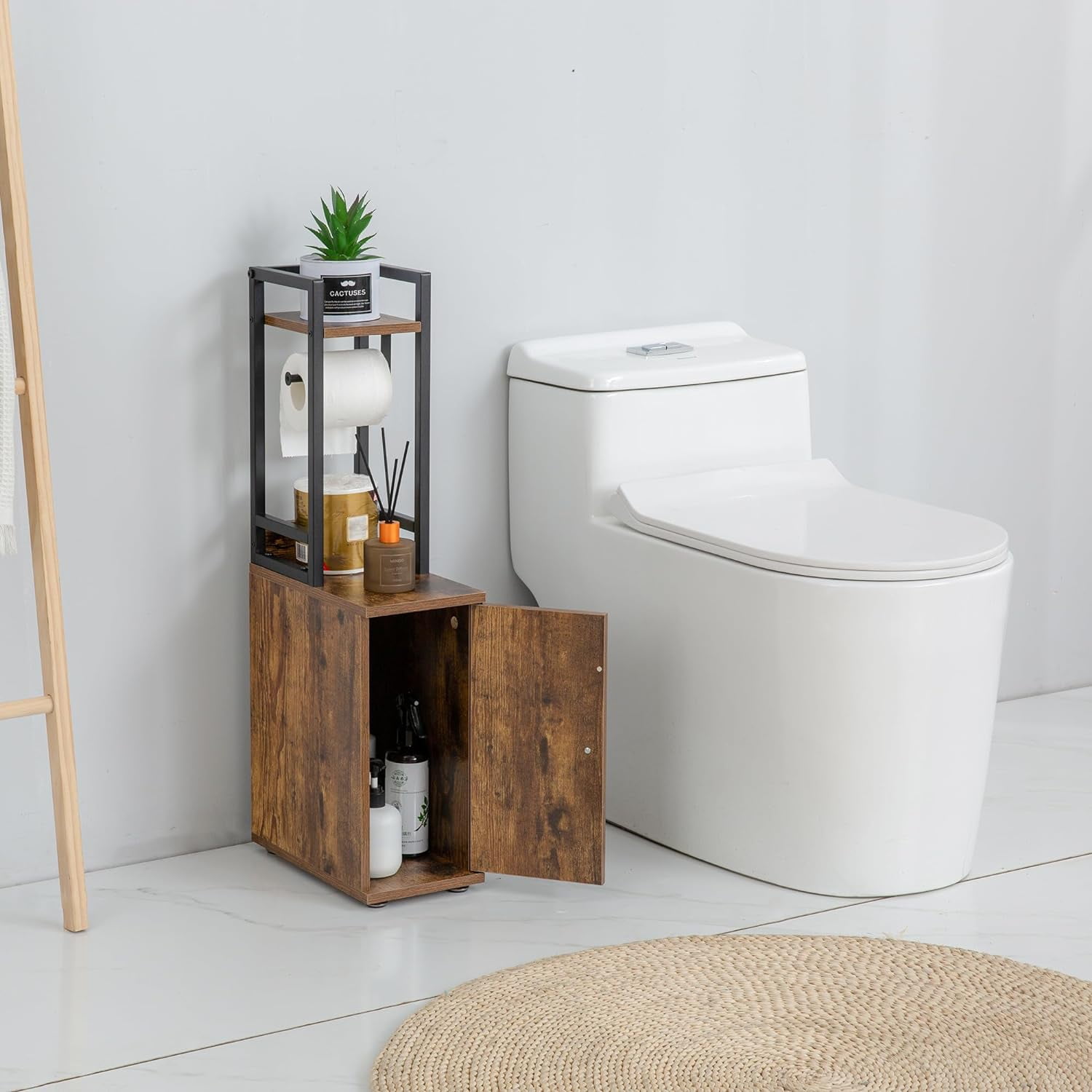 Small Narrow Bathroom Storage Cabinet w/Toilet Paper Roll Holder, Slim ...