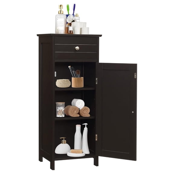 Small Bathroom Storage Cabinet, Narrow Storage Organizer with Drawer & Single Door, Adjustable Shelves, Freestanding Slim Cabinet for Small Space, Bathroom & Living Room, Brown