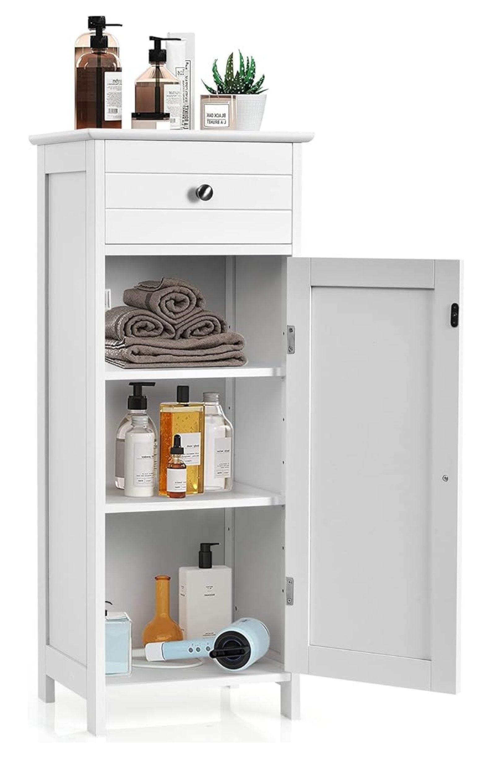Small Bathroom Storage Cabinet,Single Door Narrow Storage Cabinet Organizer w/Drawer & 3-Level Adjustable Shelves,Bathroom Cabinets Freestanding w/Anti-Tipping Device for Living Room Toilet