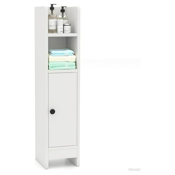 Small Bathroom Storage Cabinet, Slim Corner Floor Cabinet with Door and Adjustable Shelf, Freestanding Narrow Bathroom Organizers for Small Spaces (White)