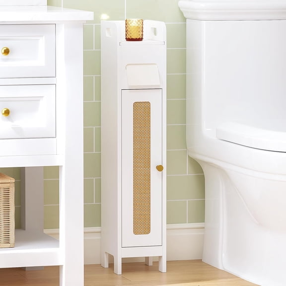Small Bathroom Storage Cabinet with Toilet Paper Holder, White | PE Rattan Door, Adjustable Shelf, Toilet Paper Storage, FSC-Certified MDF,6-Inch-Wide Design for Powder Rooms & Narrow Spaces