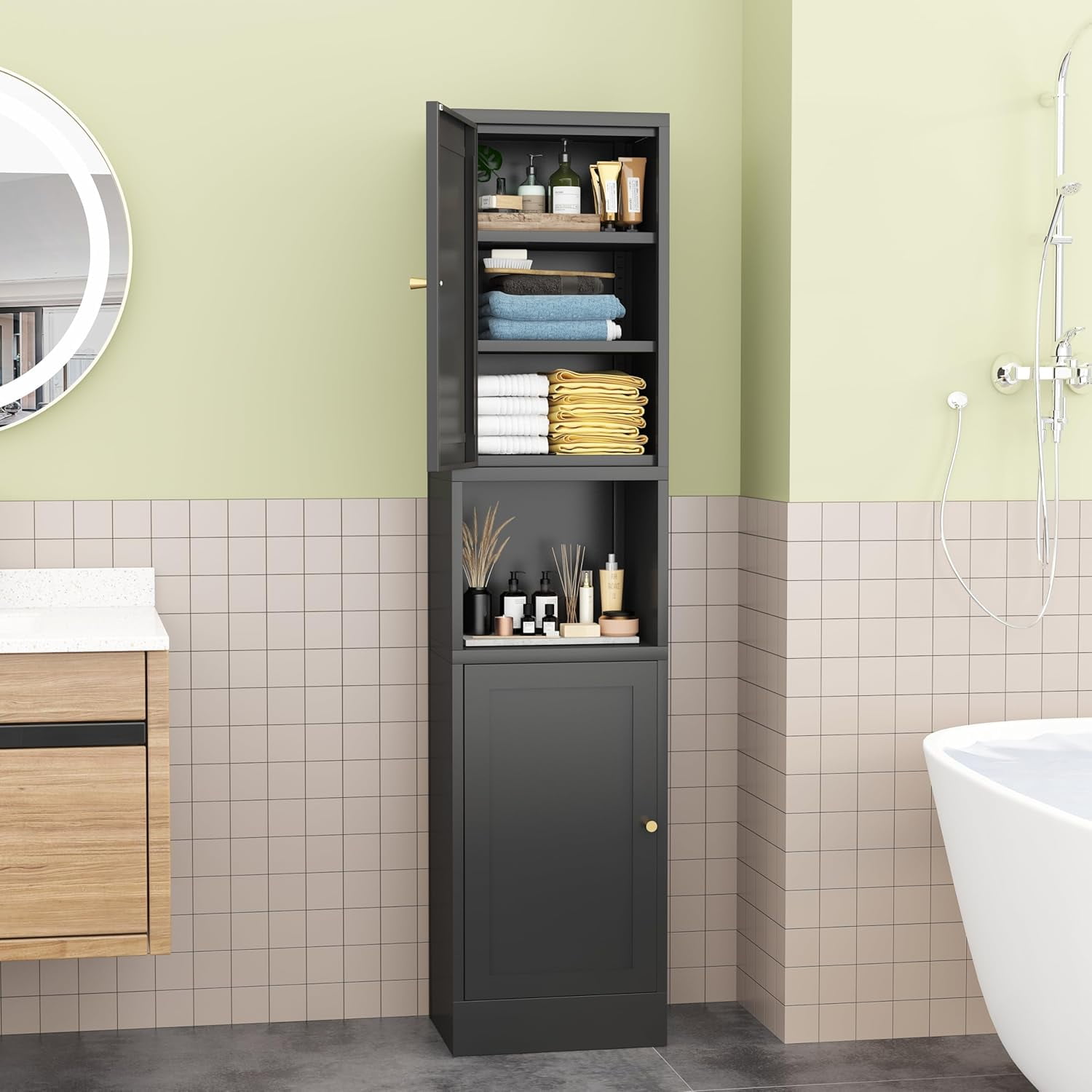 Small Bathroom Storage Corner Floor Cabinet with Door and Adjustable ...