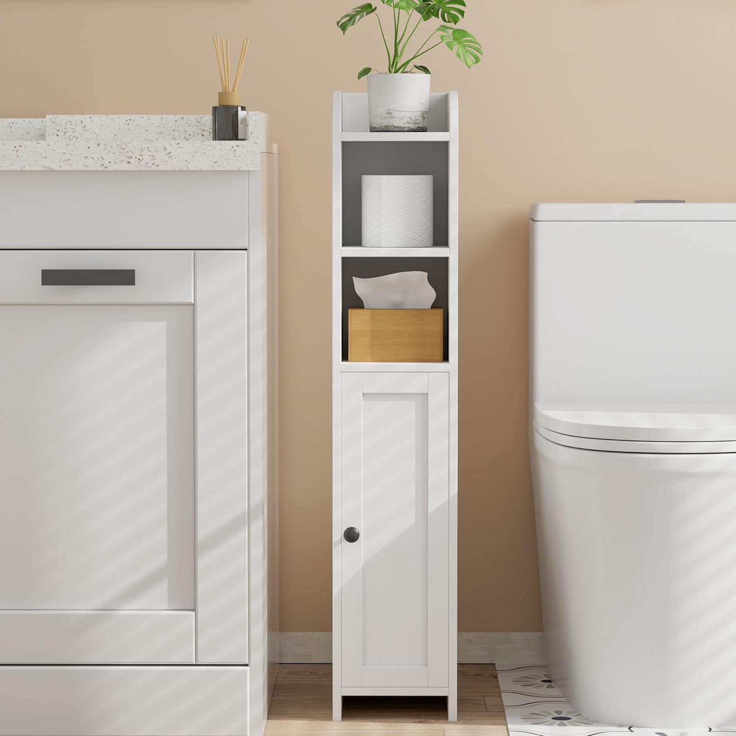Small Bathroom Storage Corner Floor Cabinet with Door and Shelves, Beside The Toilet Paper Stand for Skinny, Narrow Toilet Paper Cabinet, 7.9" D x 7.1" W x 35.4" H, White