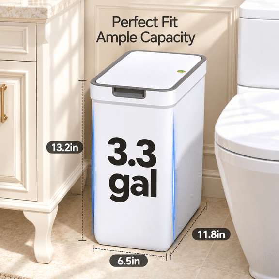 LFbear Small Bathroom Trash Can with Lid, 3.3 Gallon, Slim Press-Top Design