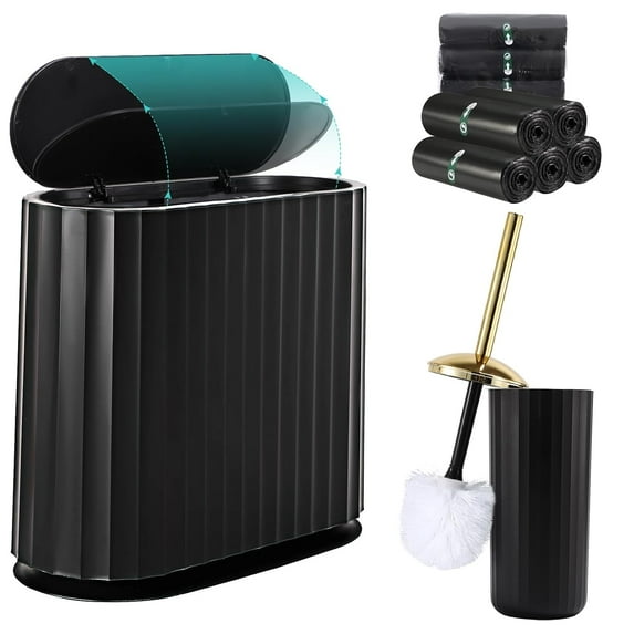 Small Bathroom Trash Can with Press Type Lid, Toilet Brush and Holder Set,Slim Black Bathroom Garbage Can, Slim Narrow Trash Bin 2.6 Gallon Garbage Bin, 75Counts Trash Bags