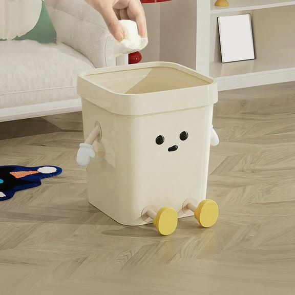 Small Bathroom Trash Can with Pressure Ring, Plastic Lidless Wastebasket, Odor-Sealing Garbage Bin for Toilet/Office/Bedroom/Living Room(10.6x8.3x8.3in Beige )