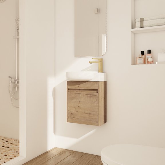 Small Bathroom Vanity With Soft Close Doors - 16 Inch Compact Wall Mounted Sink Mounted, Doors, Ceramic Included