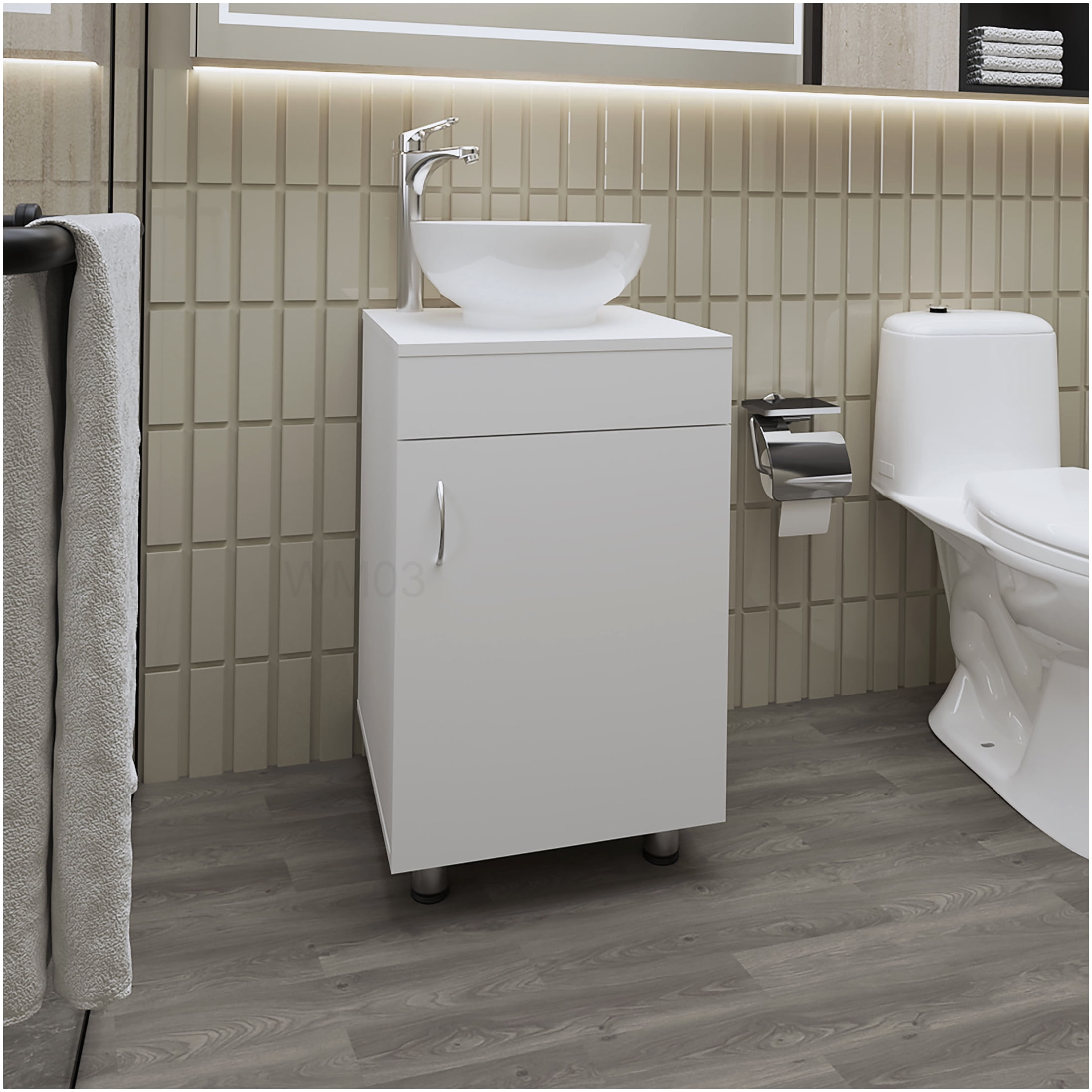 Small Bathroom Vanity with Sink, White Freestanding Storage Cabinet with Drawer