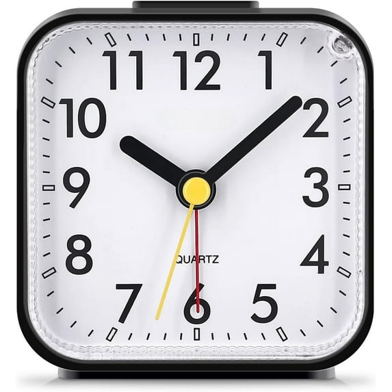 Small Battery Operated Analog Travel Alarm Clock Silent No Ticking, Lighted on Demand and Snooze, Beep Sounds, Gentle Wake, Ascending Alarm, Easy Set (Black)