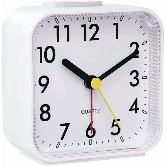 Small Battery Operated Analog Travel Alarm Clock Silent No Ticking, Lighted on Demand and Snooze, Beep Sounds, Gentle Wake, Ascending Alarm, Easy Set (White)