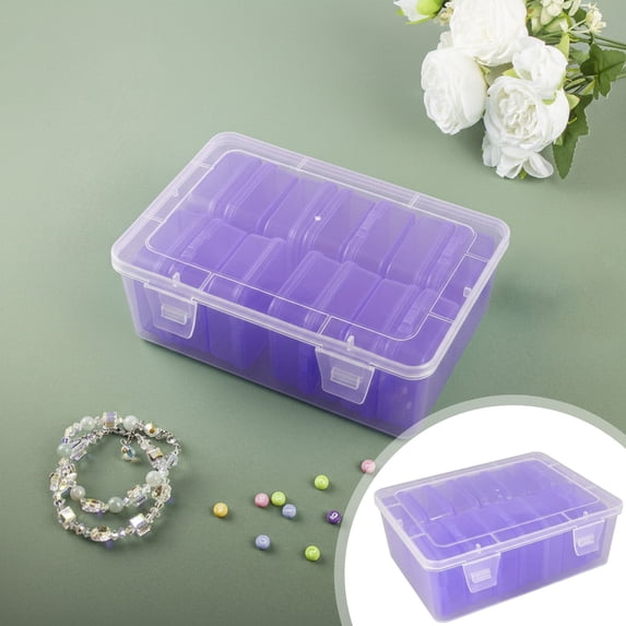 Small Bead Organizers, 15-Piece Plastic Storage Cases with Hinged Lid – Clear Mini Craft Supply Box for Beads, Jewelry, Nails, Rhinestones & DIY Accessories, Purple