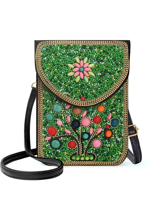 Small Beaded Crossbody Bag for Women, Boho Cell Phone Purse Wallet with Handcrafted Colorful Beads