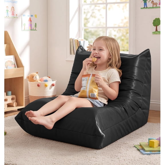 Small Bean Bag Chair Lazy Floor Sofa, Memory Foam Fireside Sofa Beanbag Faux Leather ArmlessChair for Living Room Bedroom Dorm Reading Playing (Black, Small)