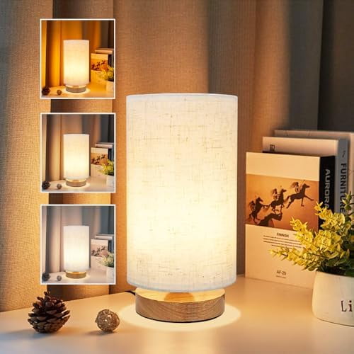 Small Bedside Table Lamp for Bedroom set of 2,Minimalist Wood Base Round  Fabric Shade,Mini Cute Cozy Warm Nightstand Boho Lamp set, Study Desk Night 