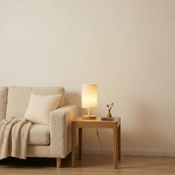 Small Bedside Table Lamp with USB Powered, Minimalist Rustic Wood Base &Linen Shade, 2700K Warm Eye-Care Night Light, Farmhouse Boho Nightstand Lamp for Bedroom Dorm Nursery Kids Room Kitchen
