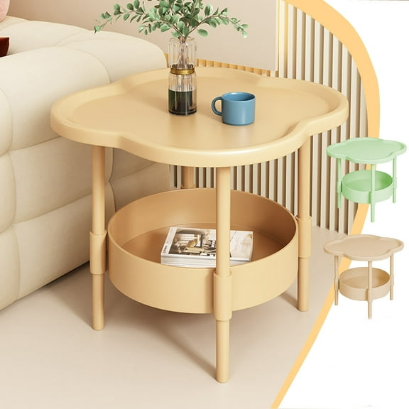 Small Bedside Table Mini Storage Rack | Double-Layer Plastic Nightstand | Open Shelf Design for Bedroom Sofa | Mobile Organizer | 49x46x32cm | Beige or Green | Space-Saving Cabinet