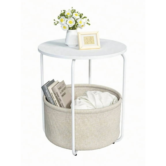 Small Bedside Table With Fabric Basket, Modern Nightstand, Round Side Table, For Living Room, Bedroom