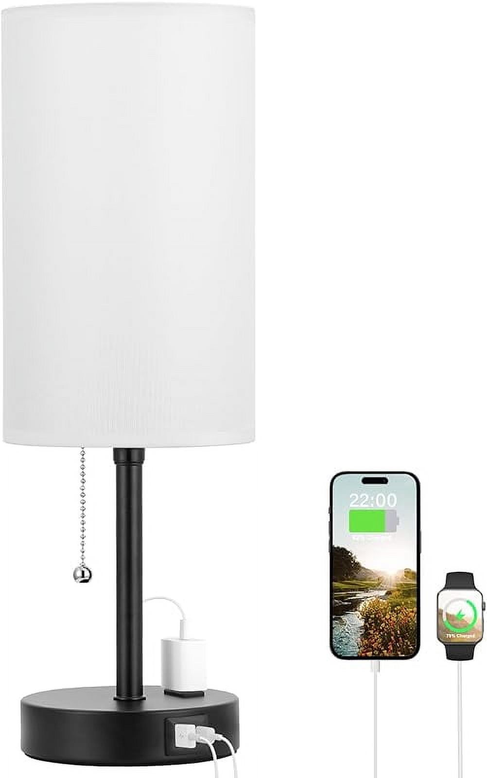 Small Bedside Table lamp for Bedroom - 3 Color Temperatures Bedside Lamps with USB C and A Ports, Pull Chain Table Lamps with AC Outlet, White Nightstand Lamps with Black Metal Base for Kids Reading