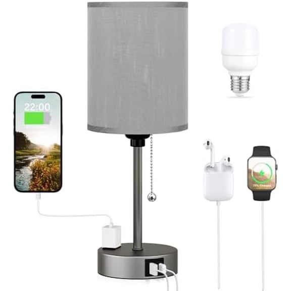 Small Bedside Table lamp for Bedroom - 3 Color Temperatures Bedside Lamps with USB Ports for Housewarming, Pull Chain Table Lamps with AC Outlet, Nightstand Lamps for Kids Reading