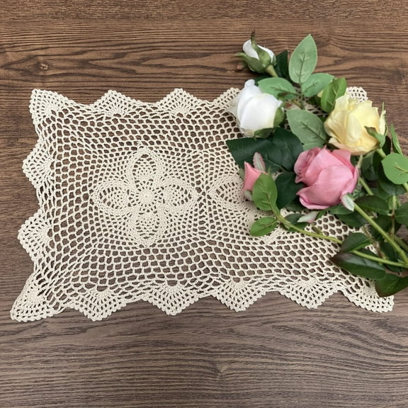 Small Beige Crochet Cotton Tablecloth Doilies Rectangle Runner Nightstand Protector Easy to Clean Placemats for Dining Table 11X16inch