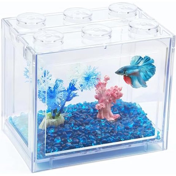 Small Betta Fish Tank, Stackable Mini Fish Tank Aquarium Tank Kit, 3/5 Gallon Rectangular Fish Bowl with Aquarium Gravel Decoration, Tiny Cube Tank for Seaweed Balls Sea Monkeys