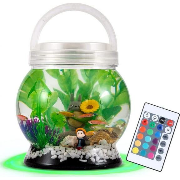 Small Betta Tetra Fish Tank Decorations Set-Aquarium with 20 Color LED Lighting,Fish Night Light Aquarium for Kids,0.5-Gallon,Transparent
