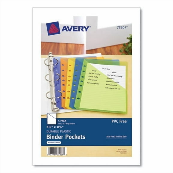 "Small Binder Pockets, Standard, 7-Hole Punched, Assorted, 9.25 x 5.5, 5/Pack | Bundle of 10 Packs"
