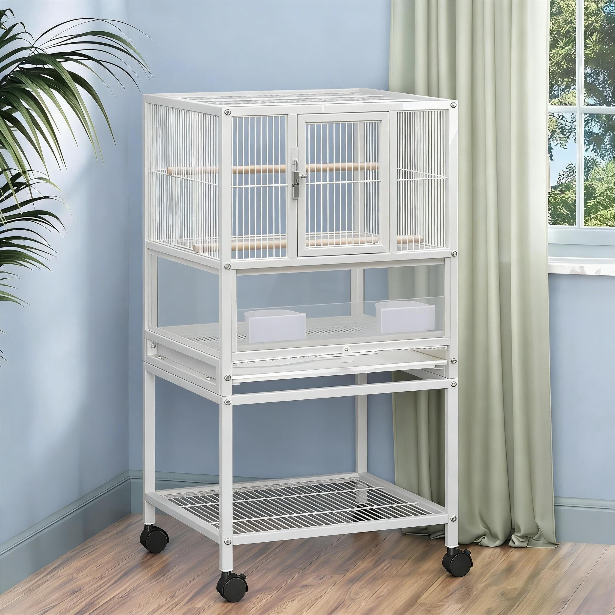 Small Bird Cage, 32" H Bird Carrier with Storage Shelves, White Travel ...
