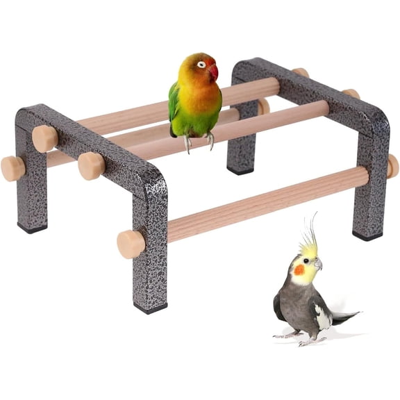 Small Bird Parrot Training Perch Stand for Parakeet Budgies Cockatiel Conure, Durable Heavy Duty Rustproof Metal Frame with 4 Wooden Bars for Bird to Play Climb and Exercise Table Toy