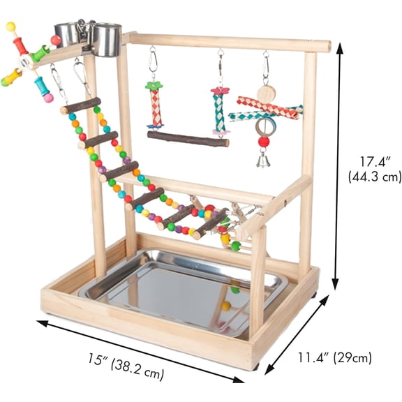 Small Bird Playground Parakeet, Parrot Stand with Ladders, Swing & Chewing Toys for Conure Cockatiel - FSC Certified Wood