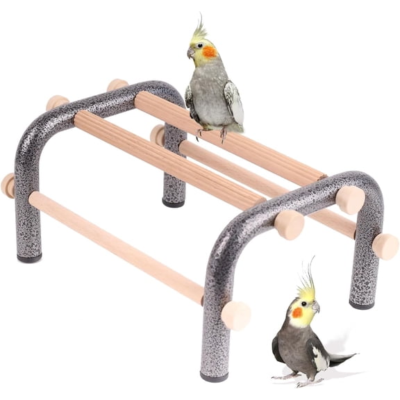 Small Bird Training Perch Table Stand for Parakeet Budgies Cockatiel Conure, Rustproof Durable Heavy Duty Metal Frame with 4 Wooden Bars for Bird to Play Climb and Exercise Toy