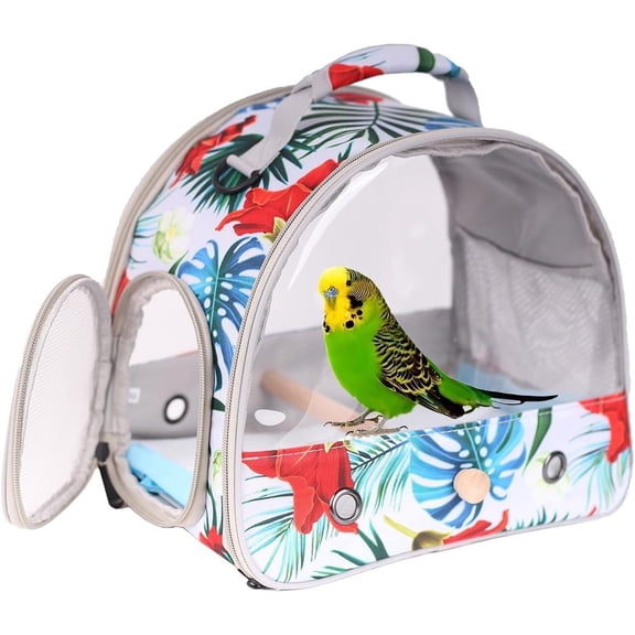 Halinfer Small Bird Travel Carrier Cage, Portable Carry Bag with Standing Perch for Parrot Budgies Parakeet, Collapsible Outdoor Transport Floral