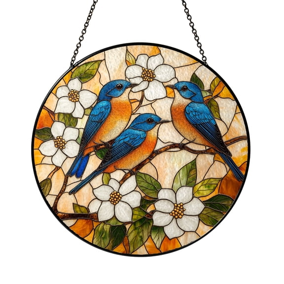 Small Birds and Blossom Stained Glass Panel – Round Window Decor