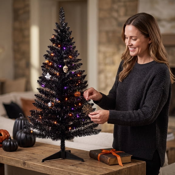 Small Black Artificial Christmas Tree Tabletop 23.6 Inch Spooky Pine Potted Plants For Halloween Indoor Desktop Decor