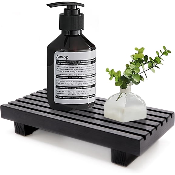 Small Black Bathroom Decor Tray for Counter Dish Soap Holder Wooden Pedestal Stand for Kitchen Sink Soap Dispenser Wood Risers Kitchen Accessories Countertop Vanity Counter Sponge Sink Tray
