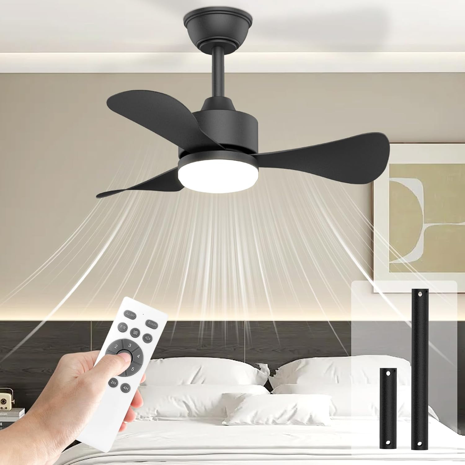 Small Black Ceiling Fan with Light and Remote, Modern Bedroom Ceiling Fan with Light 28 Inch ...