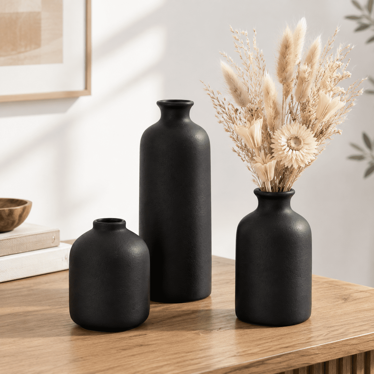 Small Black Ceramic Vase Set of 3 Modern Boho Farmhouse Decorative ...