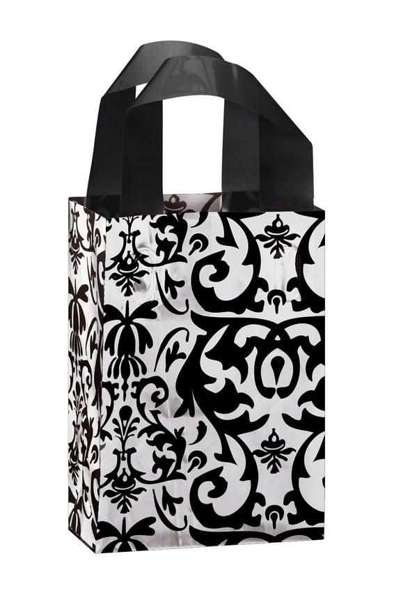 Small Black Damask Frosted Plastic Shopping Bags - 5" x 3" x 7" - Case of 100