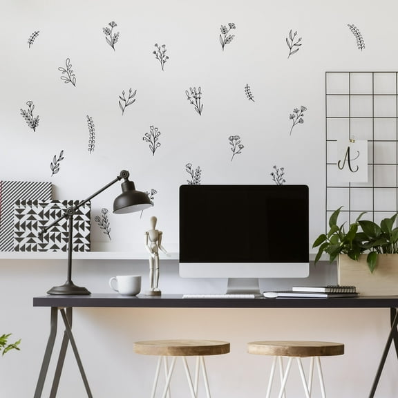 Small Black Flowers Peel and Stick Wall Decals - Set of 62 Flower Wall Stickers - 1"-4" Flower Wall Decor Floral Wall Decals