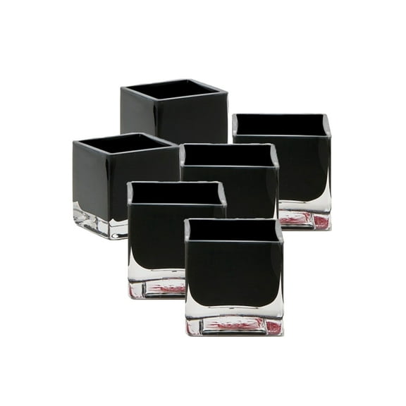 Small Black Glass Cube Vase for Short Flowers, Candles, 3" Cube - Set of 12