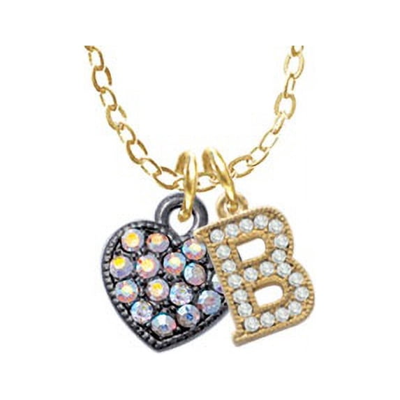 Small Black Heart with Clear AB Crystals - B - Gold Tone Crystal Initial Sophia Necklace, 18"+1"