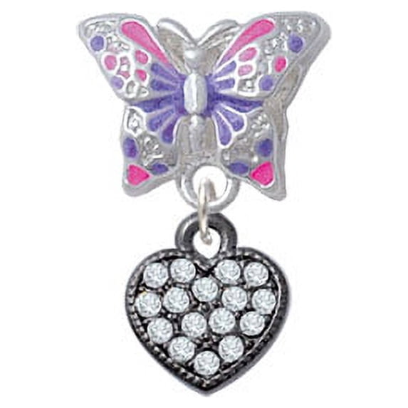 Small Black Heart with Clear Crystals - Butterfly Charm Bead