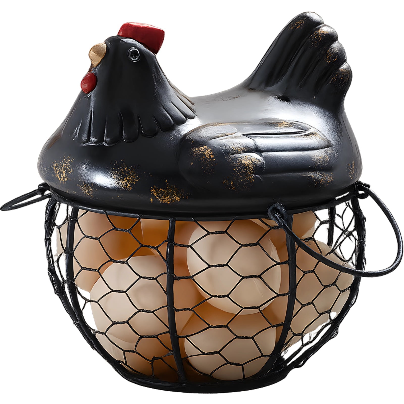Small Black Iron Egg Basket, Farmhouse Style Countertop Holder with Ceramic Lid, Chicken Egg Storage for Kitchen, Rustic Home Decor, Keeps Up To 15 Eggs Fresh