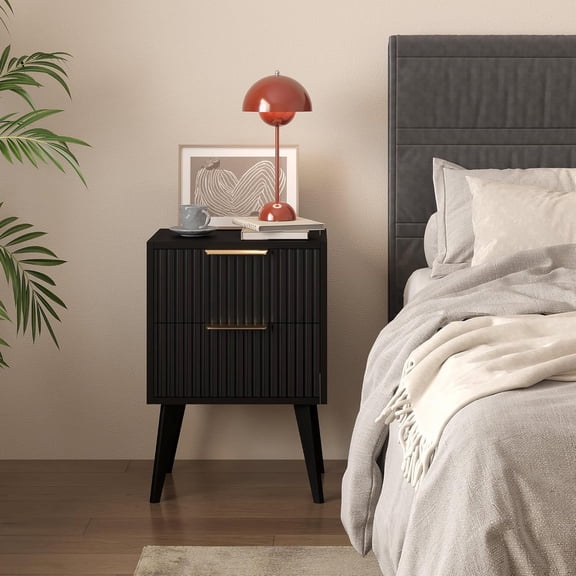 Small Black Night Stand Set of 2, Modern Fluted Bedside Table with 2 Drawers and Wood Legs for Bedroom Living Room