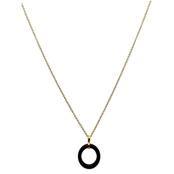 Small Black Onyx Stone Circle Ring Pendant 18KT Gold-Flashed Sterling Silver Cable Chain 20"