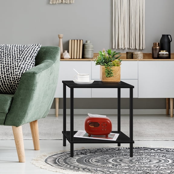Small Black Side Table with Shelf, Modern Narrow End Table & Bedside Nightstand for Living Room, Bedroom, Office